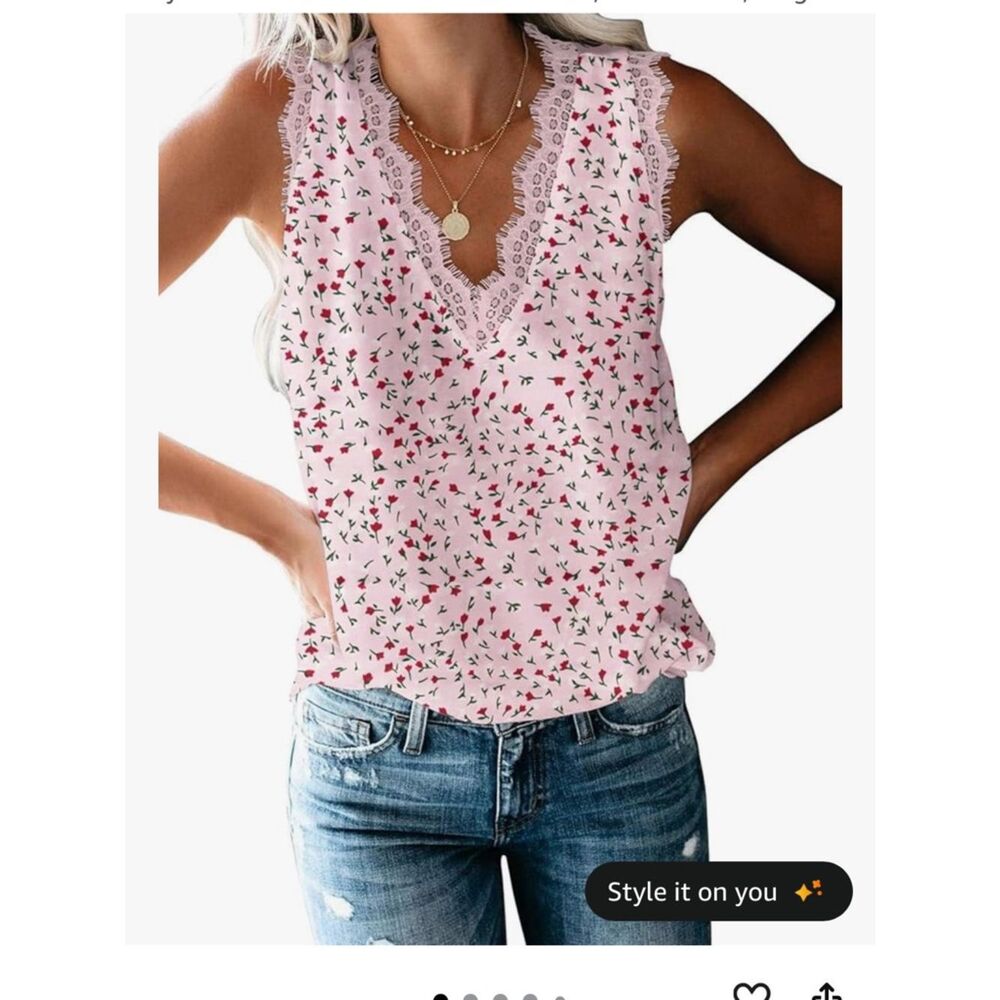 VIISHOW Pink Floral Lace V-Neck Tank Top Large